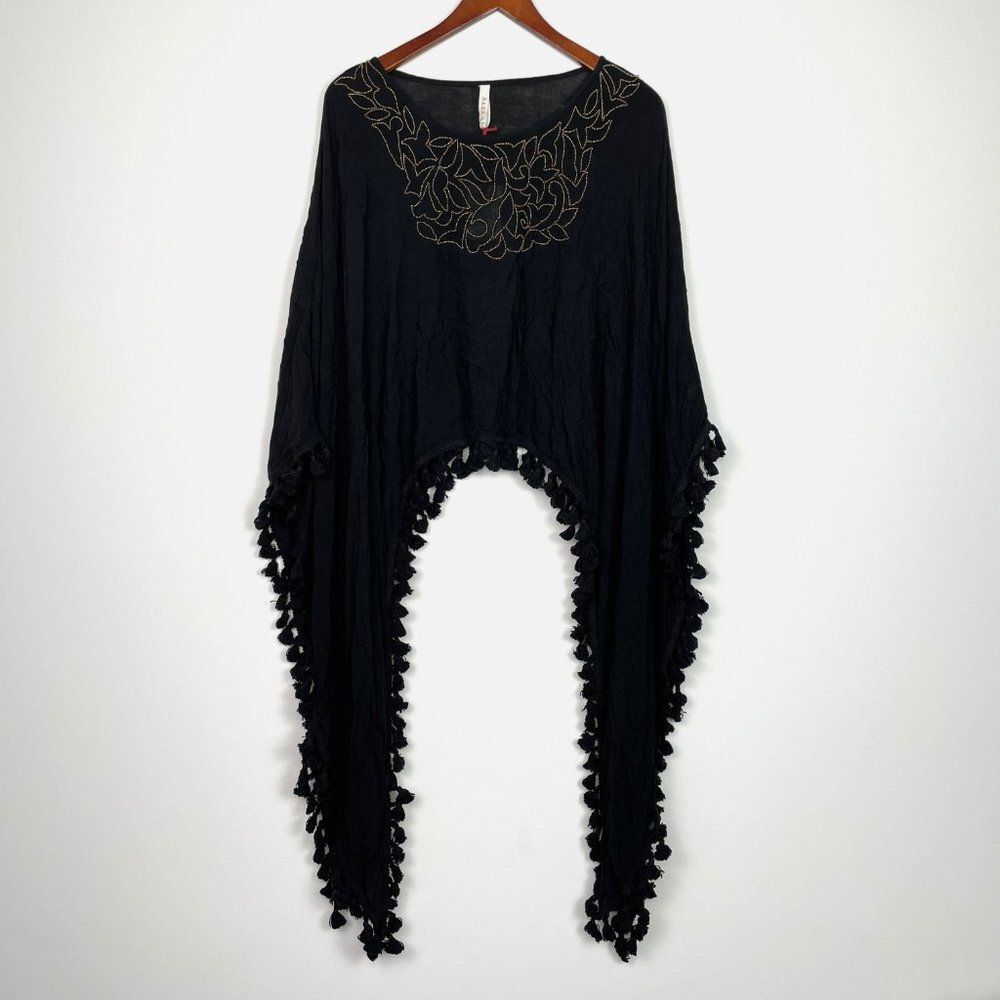 Anthropologie RAGA Dominica Tassel Beaded Bohemian Poncho Cape Top Black S